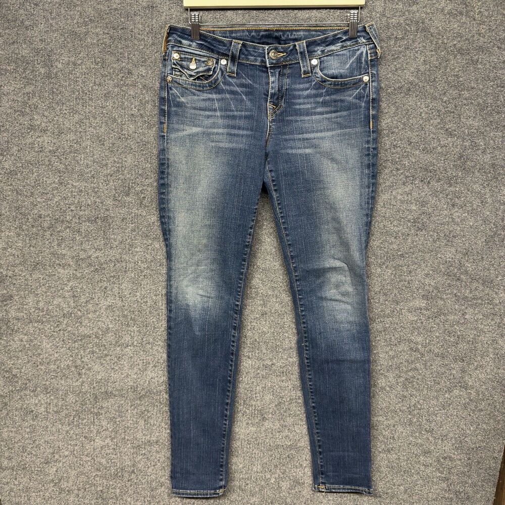 True Religion Low Rise Skinny Jeans Women’s Size 32 Flap Pocket Stitch Y2K FLAW - Picture 4 of 16